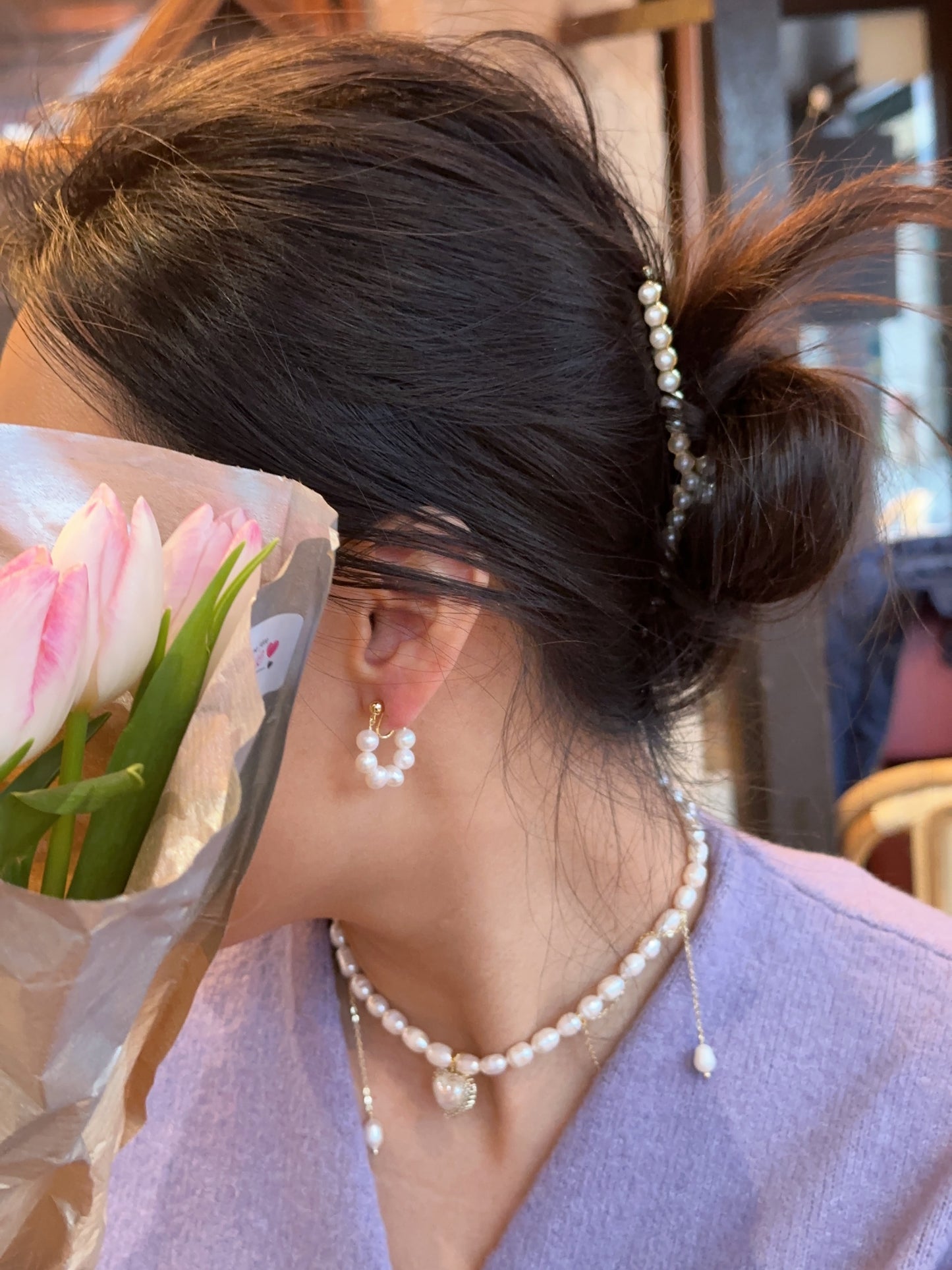 Natural Six Pearl Ear Clips