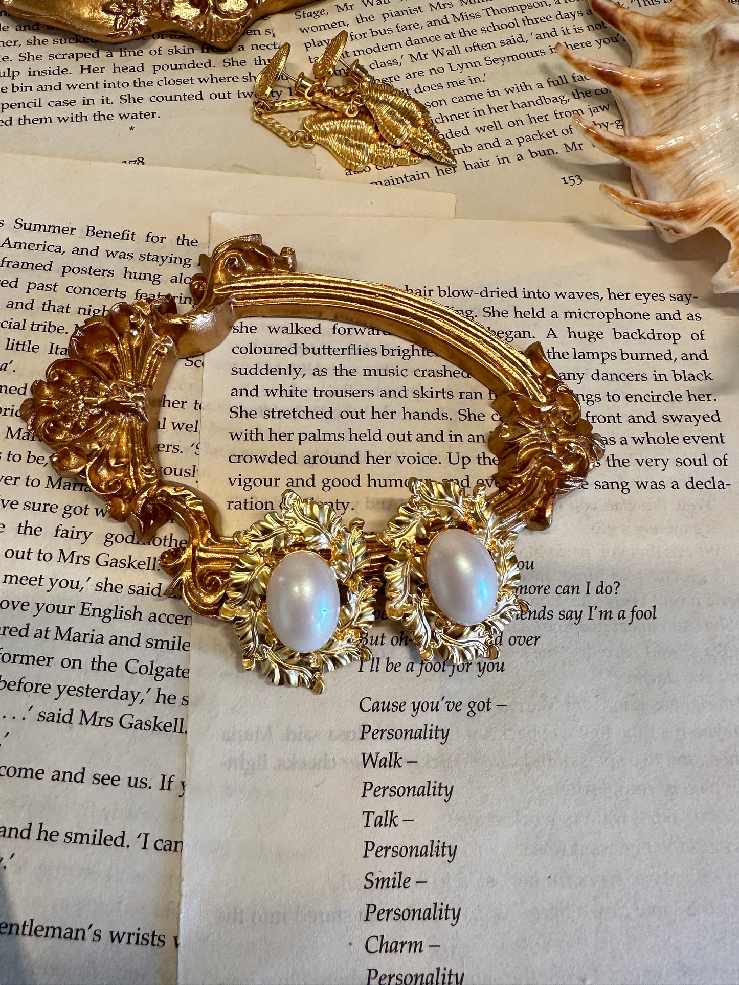 Vintage Style Gold Leaf Pearl Earrings